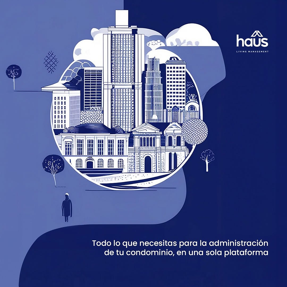 Ilustración de un complejo urbano y residencial promocionando a haûs como la plataforma centralizada que integra todo lo necesario para la administración de condominios.