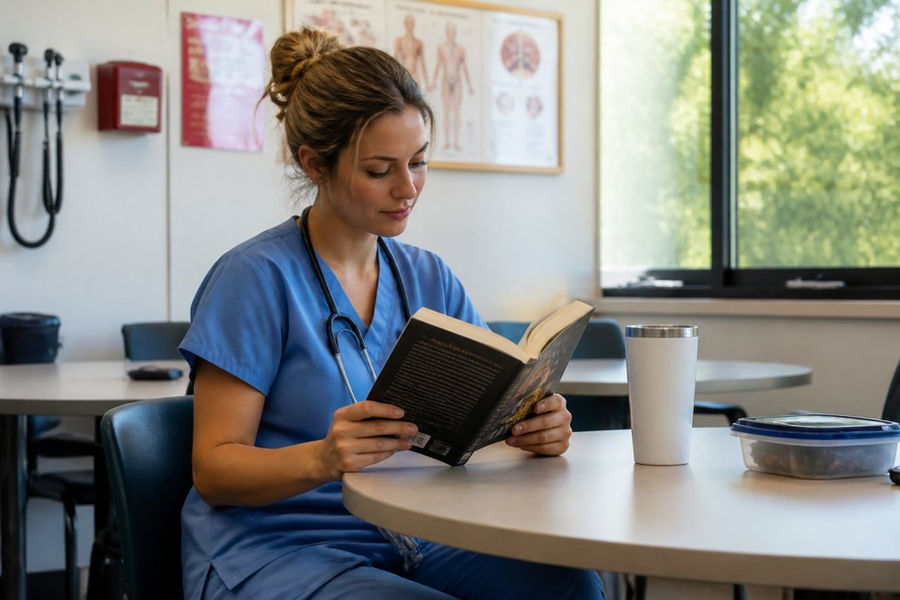 A registered nurse in hospital scrubs reading a medical thriller during a break in a hospital break room, with medical charts and equipment visible on the walls behind her, natural daylight from a window