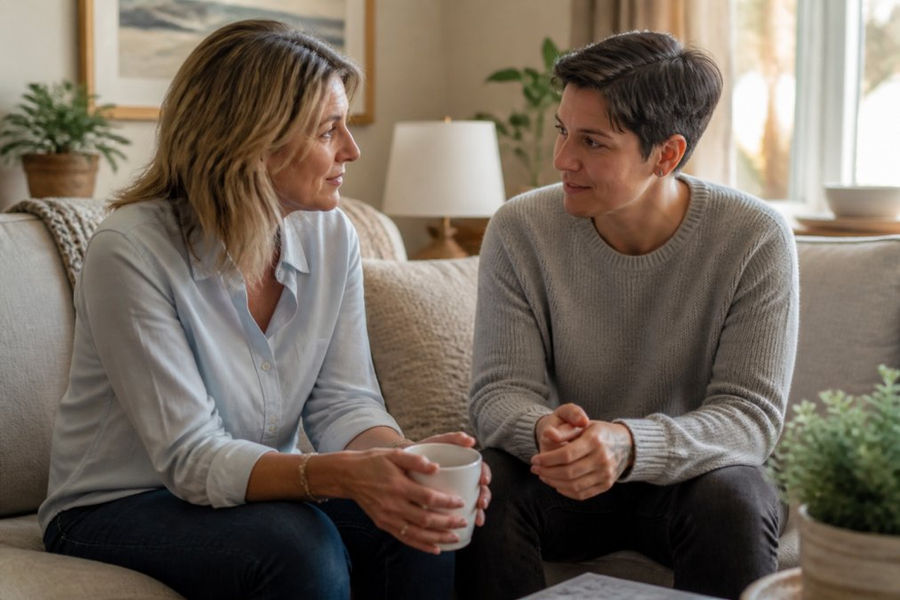 Two people in conversation, a caregiver and survivor, in a warm home setting, suggesting supportive connection and mutual understanding