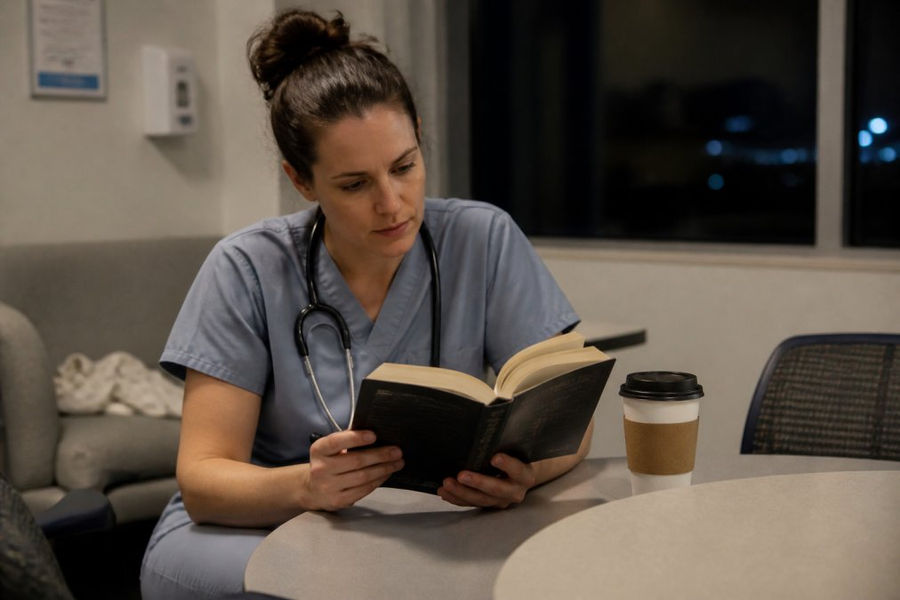 A nurse reading a thriller novel during a night shift, inspired by nurses solving crimes in medical fiction.