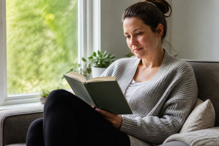 A person sitting in natural light near a window, reading a book with a peaceful, reflective expression, suggesting quiet moments of healing and hope