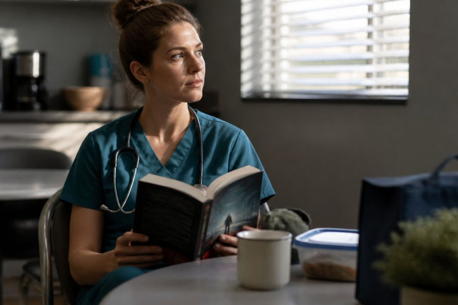 A woman in nurse scrubs holding a medical thriller novel in a hospital break room, stethoscope around her neck, thoughtful expression, soft afternoon light through blinds