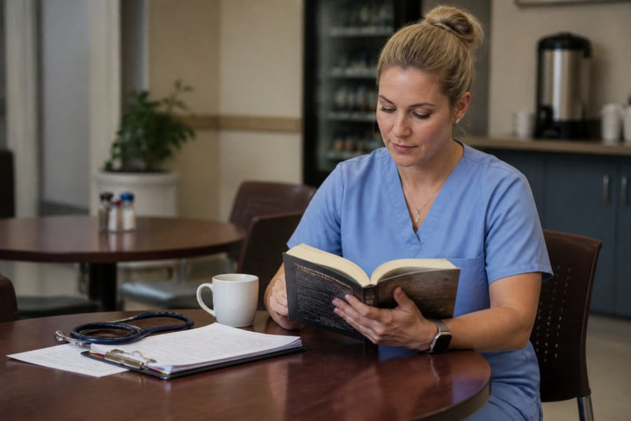 A nurse in light blue scrubs sitting alone in a hospital break room during a quiet moment, holding an open book with one hand while a coffee cup sits on the table beside medical charts and a clipboard