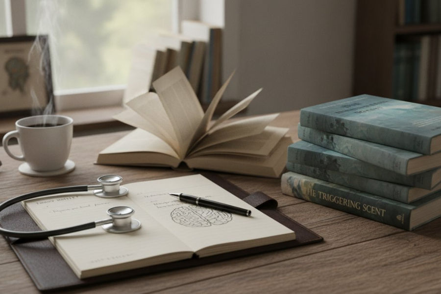 Close-up of an open medical thriller novel with a stethoscope and notepad on a wooden desk, suggesting the intersection of medicine and suspense in natural afternoon light