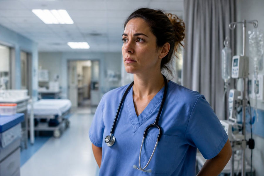 Nurse in hospital scrubs, looking thoughtful and concerned, standing in a modern hospital setting with medical equipment visible in background, fluorescent lighting casting clinical atmosphere