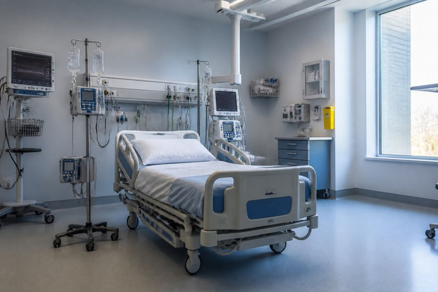 Interior of a modern hospital ICU with medical monitors displaying vital signs, IV stands, and equipment arranged around an empty patient bed, with soft overhead lighting