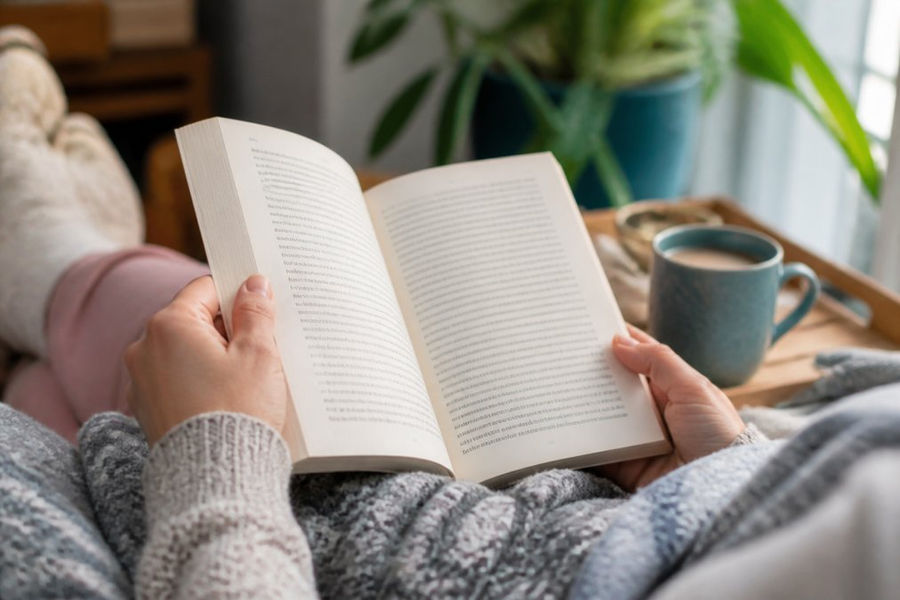 Close-up of hands holding an open book with a warm beverage nearby, suggesting comfort and therapeutic reading during recovery