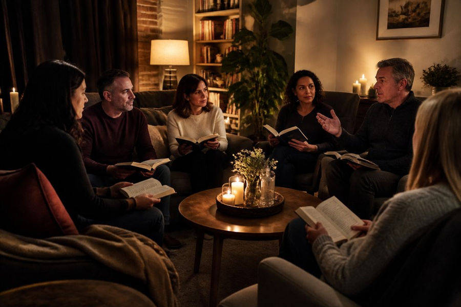 A cozy living room with dim lighting, candles flickering on side tables, and a group of people seated in a circle holding thriller books, with focused expressions and tension visible in their engaged faces