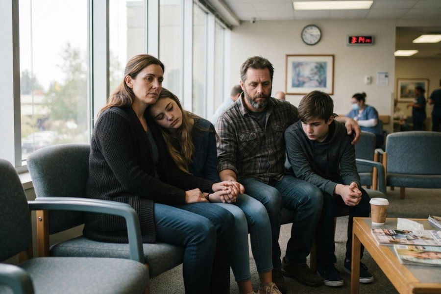 Family of four sitting together in a hospital waiting room, parents and two teenage children, some holding hands, expressions showing a mix of concern, exhaustion, and quiet hope, afternoon light coming through large windows
