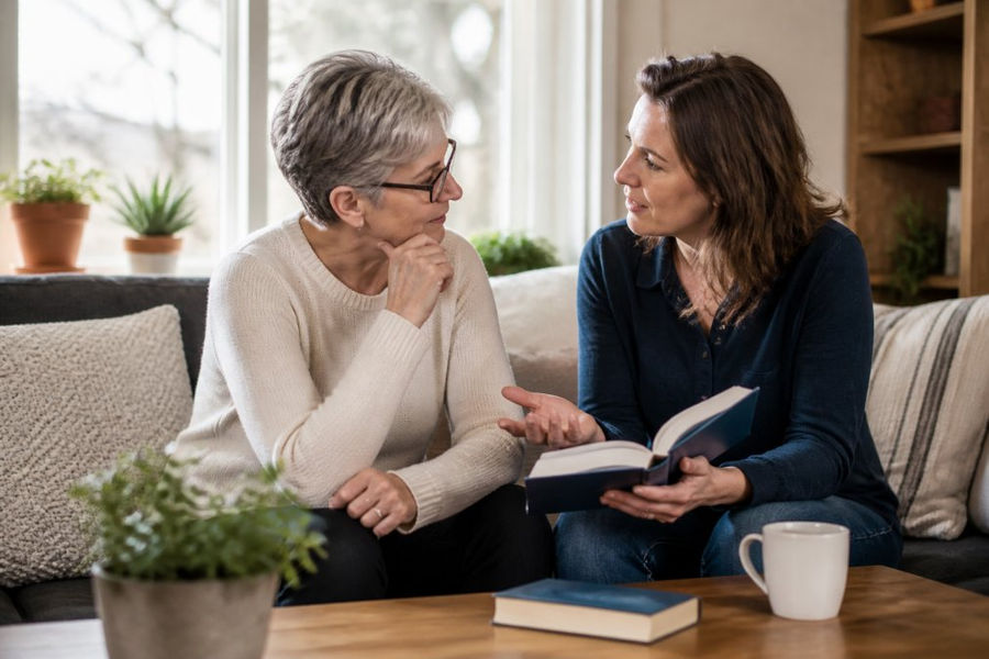 Two people engaged in conversation in a warm, supportive setting with a caregiver and survivor sitting together, perhaps with a book or resource visible, conveying empathy and understanding