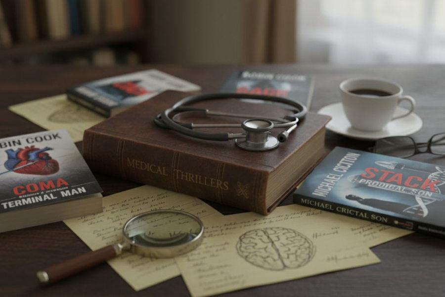 Stack of classic medical thriller novels including works by Robin Cook and Michael Crichton arranged on a dark wooden desk with a stethoscope and medical notes, warm desk lamp lighting