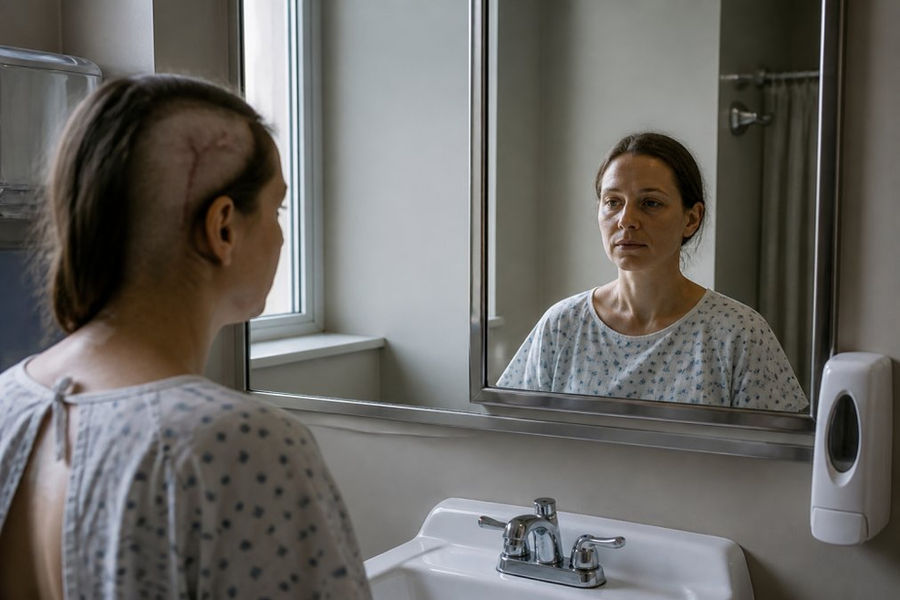 Patient looking at their reflection in a hospital bathroom mirror with a contemplative, uncertain expression, soft natural light from the window