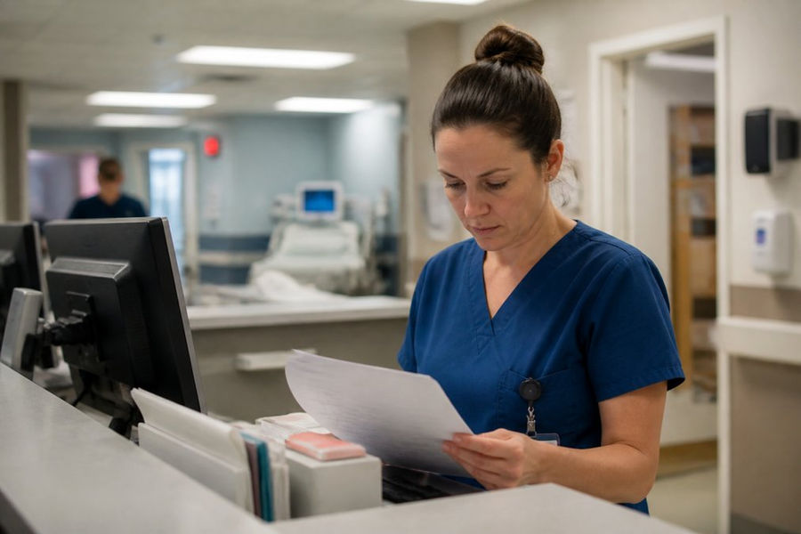 Professional nurse in scrubs reviewing patient charts at hospital workstation with medical monitors visible in background, conveying clinical intensity and focus