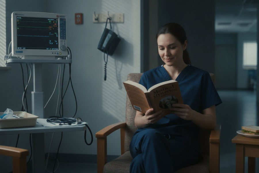Professional illustration showing nurse and scrubs and reading concepts for best medical thrillers for nurses
