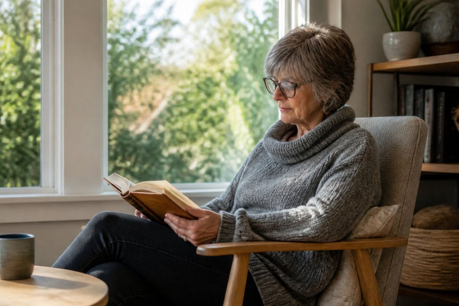 Person reading a book in a comfortable, quiet space by a window with natural light, holding an open book with a thoughtful expression suggesting reflection and healing