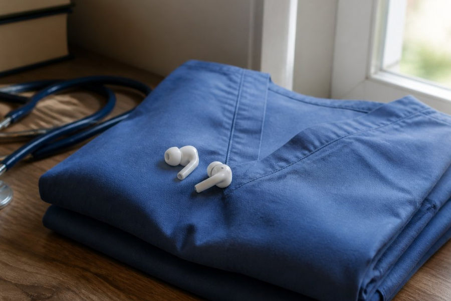 Wireless earbuds and smartphone displaying medical suspense audiobooks atop folded hospital scrubs