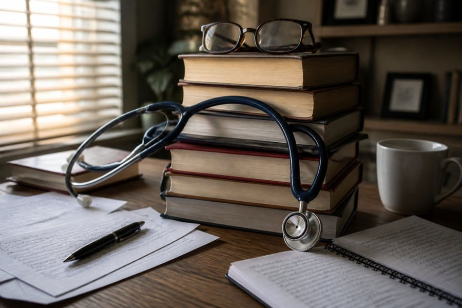 A collection of medical thriller novels stacked on a wooden desk with a stethoscope draped across the spines, medical notes scattered nearby, and reading glasses resting on top of the stack, with soft afternoon light from a window