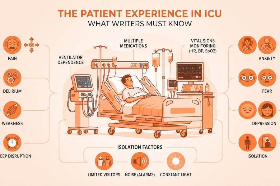A patient in an ICU bed surrounded by medical equipment, monitors, and IV lines, with soft lighting showing the clinical environment and sense of isolation