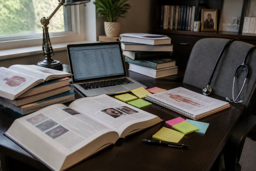 Flowchart showing the research process for medical suspense writers using textbooks, databases, and clinical tools.