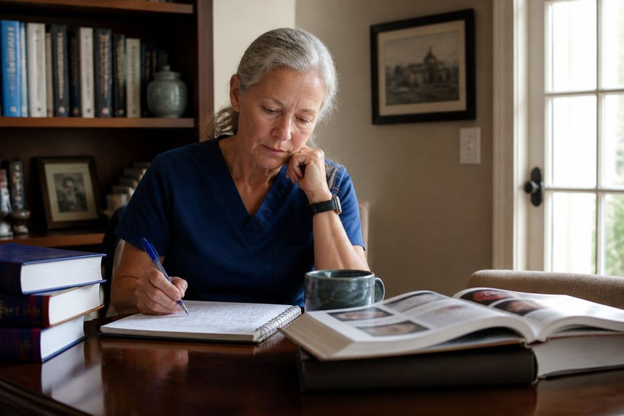 A retired nurse sitting at a desk with medical textbooks and a laptop, thoughtfully reviewing notes, representing the dual expertise of healthcare professionals who write medical thriller books