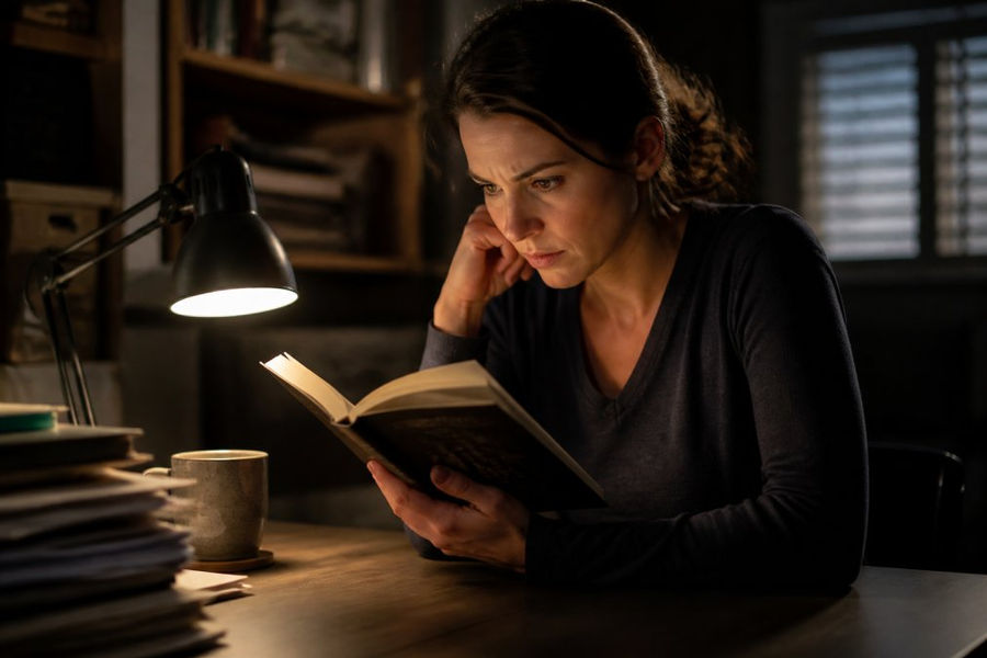 Woman sitting at a desk in a dimly lit room, intensely focused on reading a thriller novel, tension visible in her expression and posture, warm desk lamp casting shadows