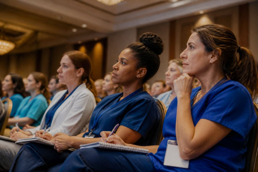 A diverse group of healthcare professionals listening intently to a speaker at a nursing conference, with engaged expressions and notepads, seated in a modern auditorium with warm lighting