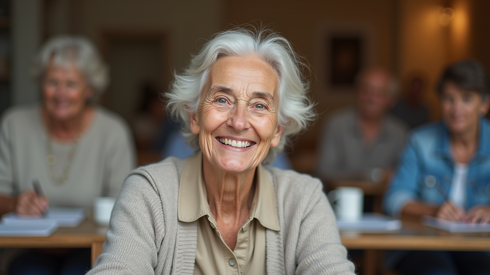 Eye-level view of a senior woman smiling while participating in a community activity