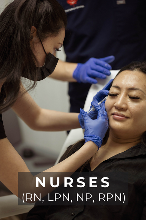 Patient model receiving an aesthetics injectable treatment to showcase nurses taking the botox course. 
