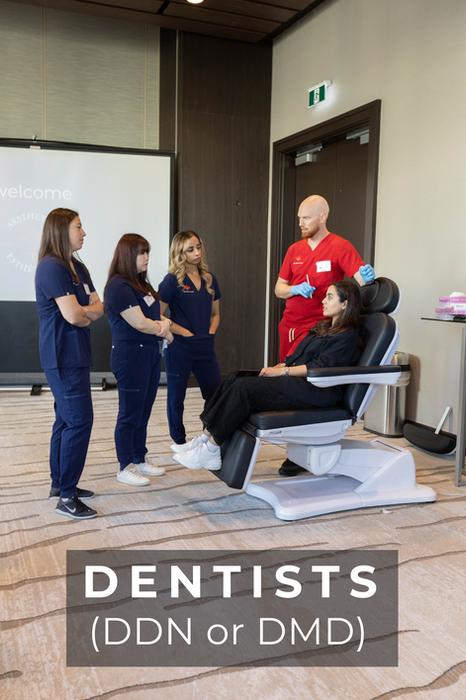 Image of Dr. Dargie with learners and patient model to promote dentists taking the botox course. 
