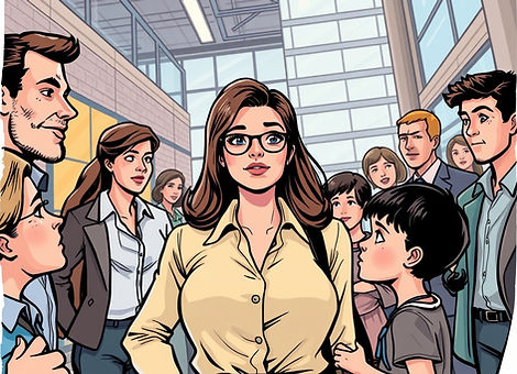 woman in centre, her attention pulled in different direction by adults and children, offi