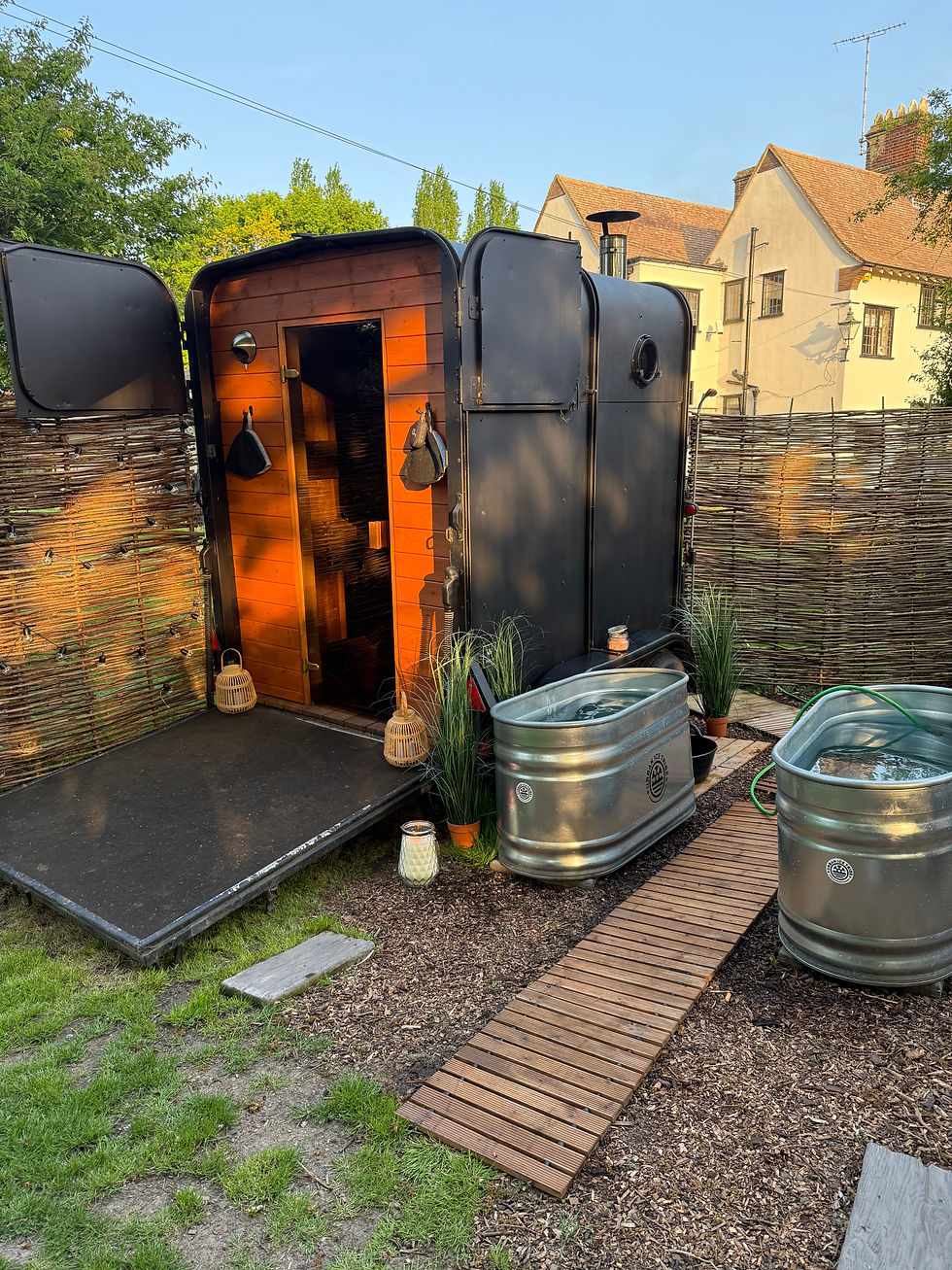 sauna and ice baths, in the woods, set out ready for an evening in the  essex country side 