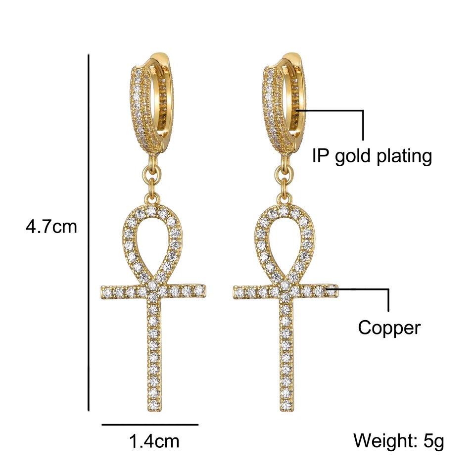 Thumbnail: Ankh Earrings Egyptian Cross Cleopatra Brass Unisex Iced Out