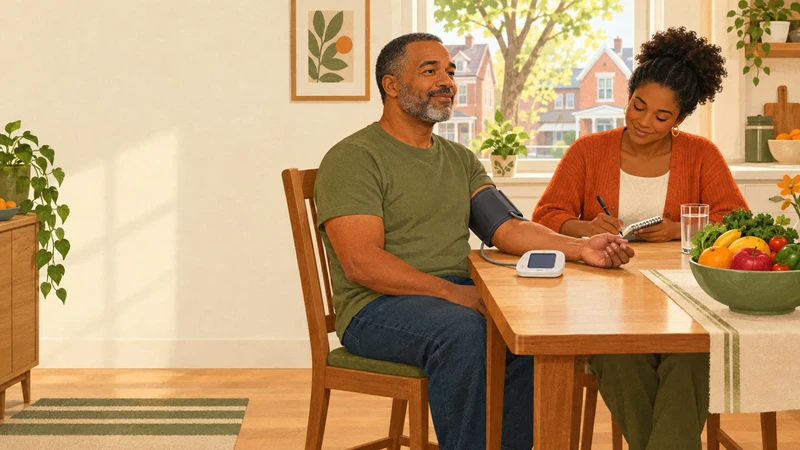 A Black man checking his blood pressure at the kitchen table while his daughter writes down the reading