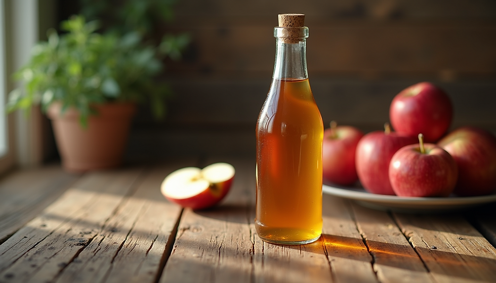 Apple cider vinegar in a bottle with a plate of apples