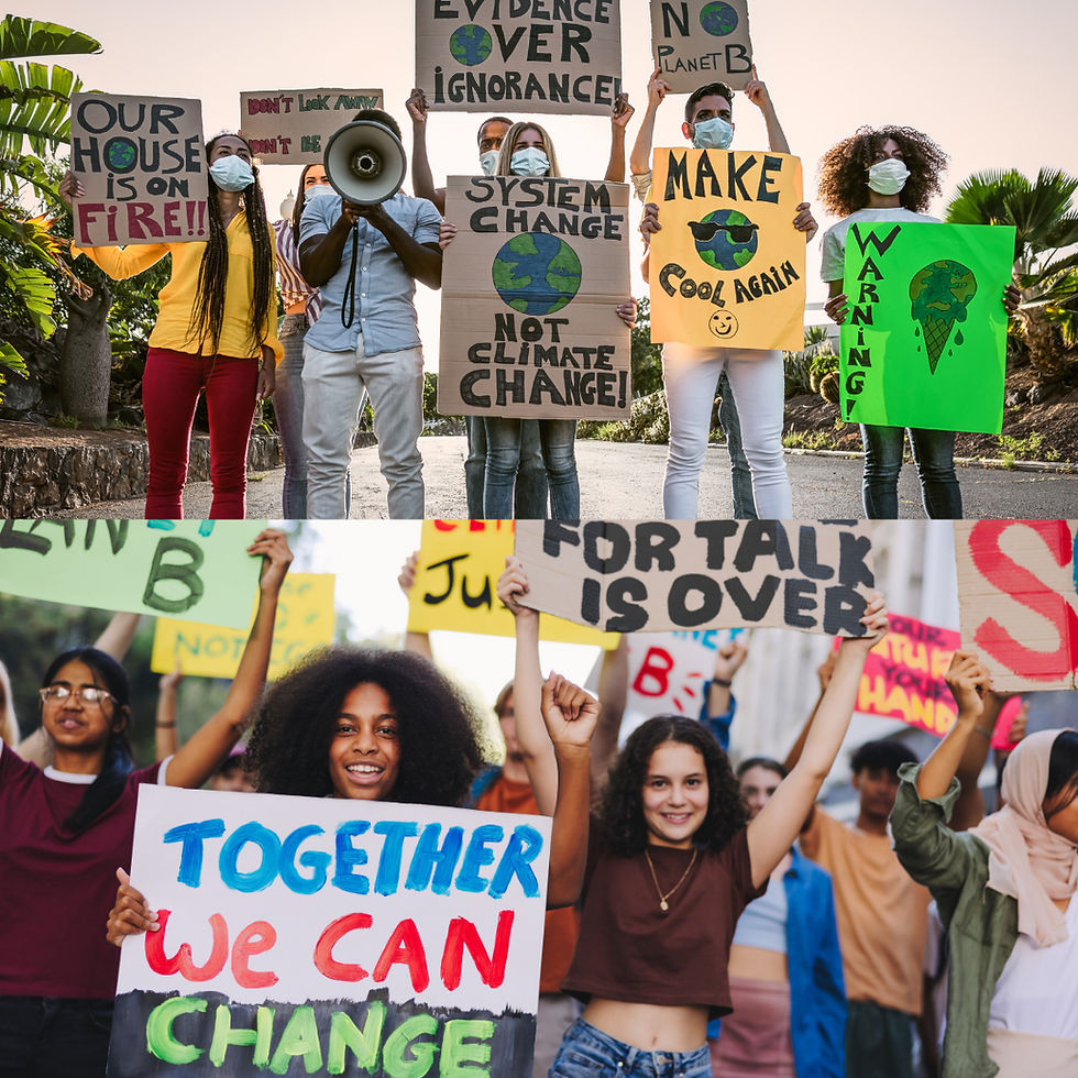 People standing up for climate change. Activists holding signs about climate change and what is needed for change.