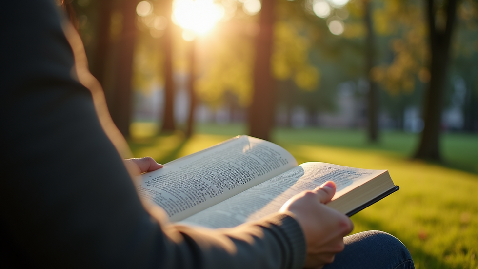 Eye-level view of a person reading a book in a tranquil setting