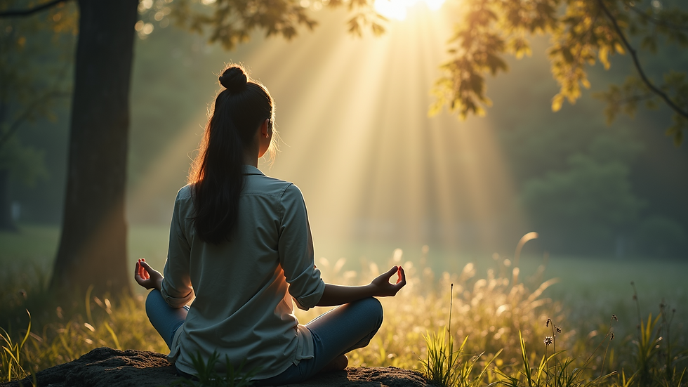 Close-up view of a person meditating in a serene environment