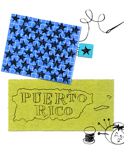 Collage with Puerto Rico map, stars, and sewing icons.