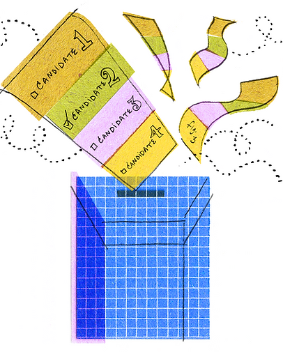 Illustration of a multiparty ballot with candidates being cast into a blue ballot box