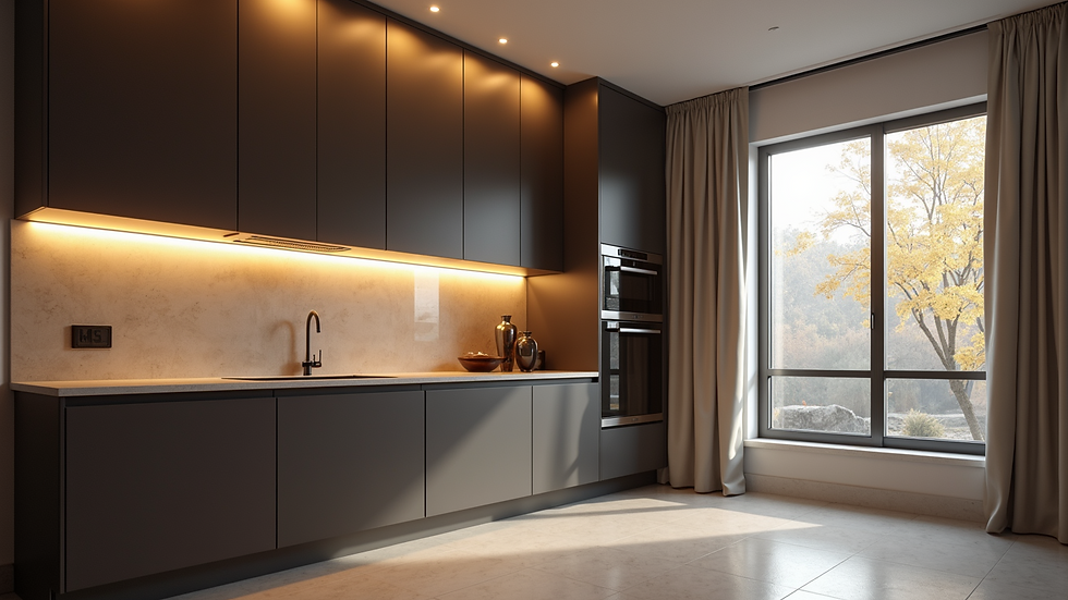 Eye-level view of a modern kitchen with custom cabinetry and elegant lighting