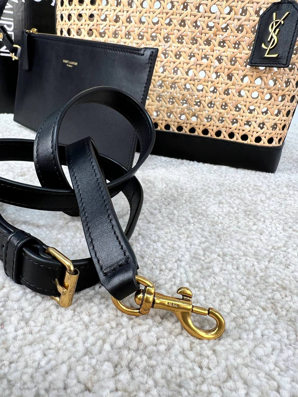 Thumbnail: SHOPPING SAINT LAURENT TOY LEATHER-TRIMMED STRAW TOTE
