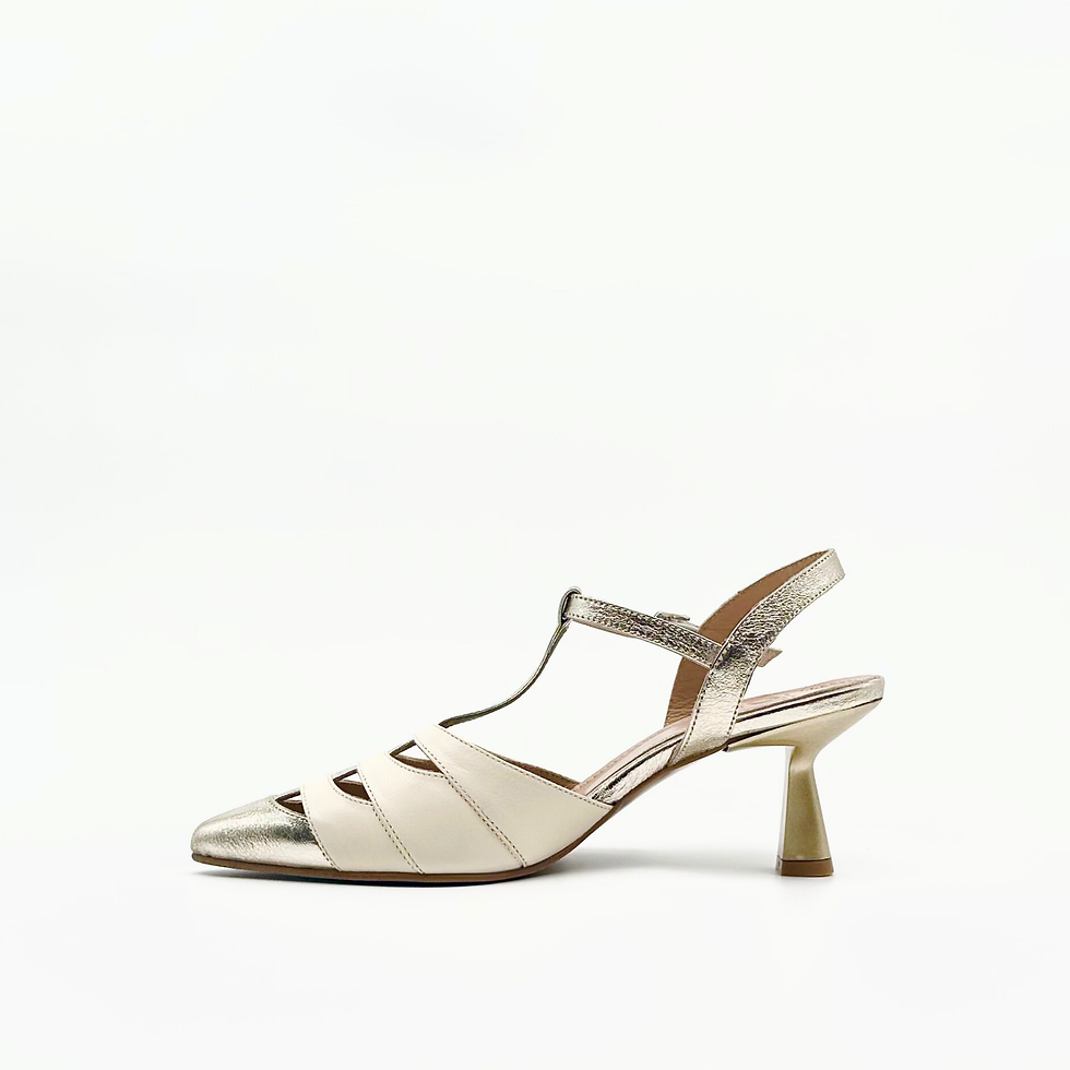 Two-tone gold beige pointed toe slingback shoe – profile view