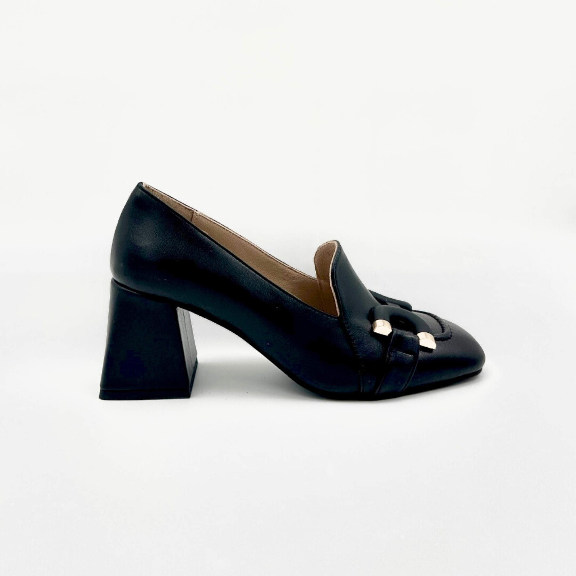 Black leather high heel loafer with gold detail – side view
