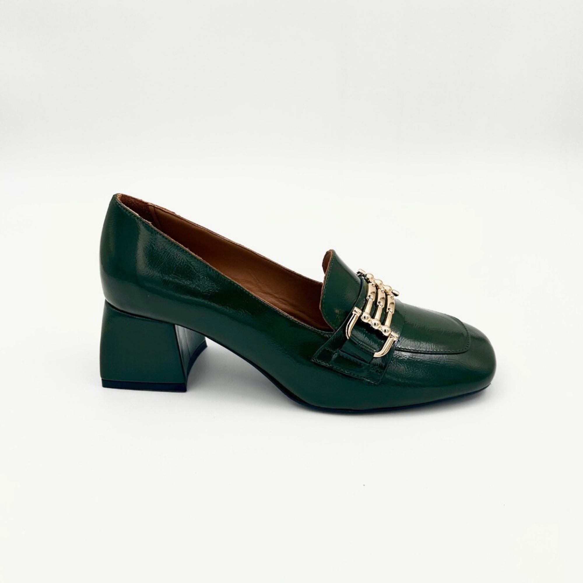 Green patent leather heeled loafer for women – side view
