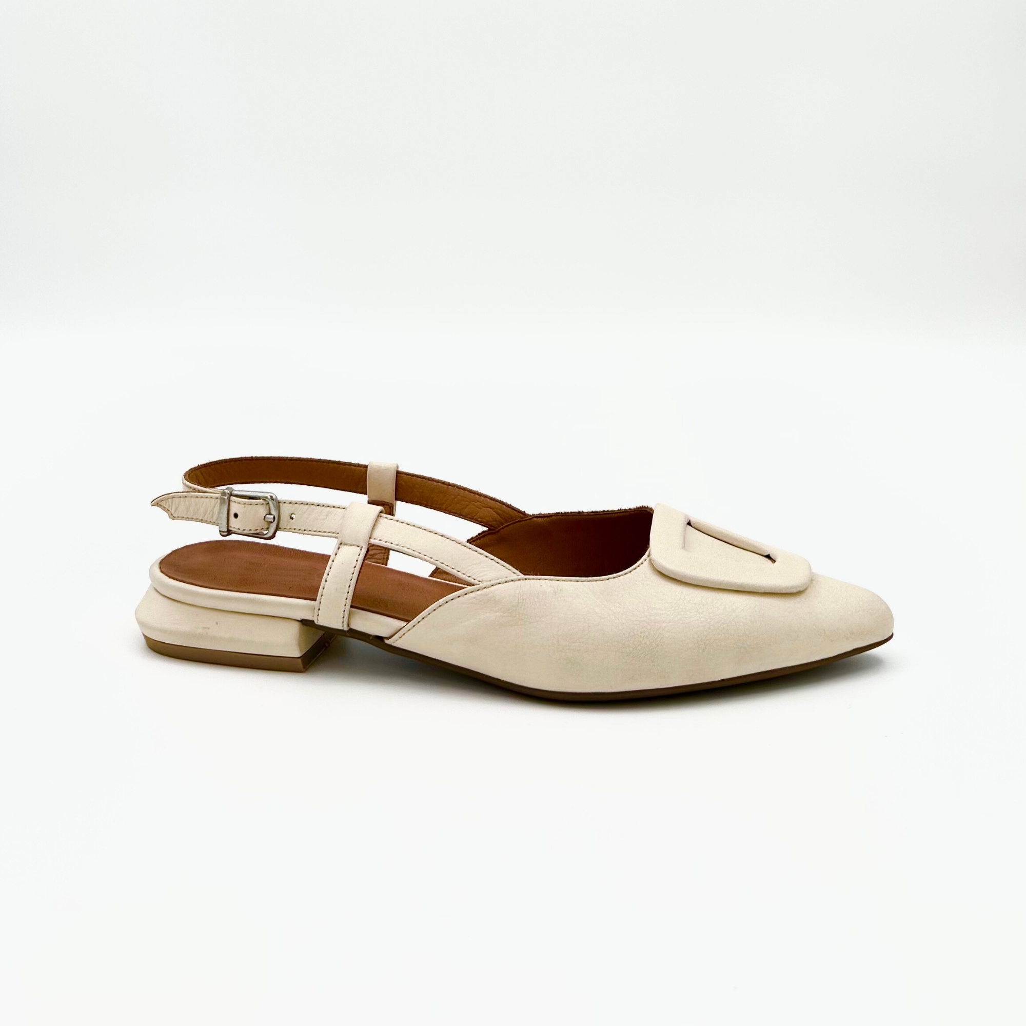 Beige Leather Slingback Flat for Women