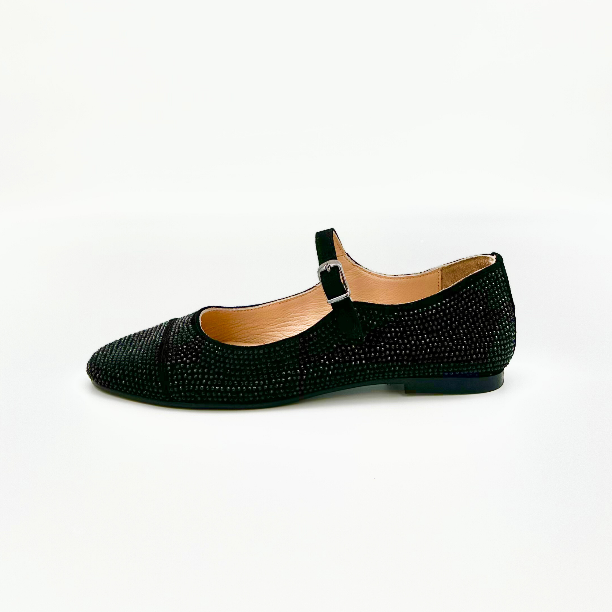 Black leather Mary Jane flats with crystals