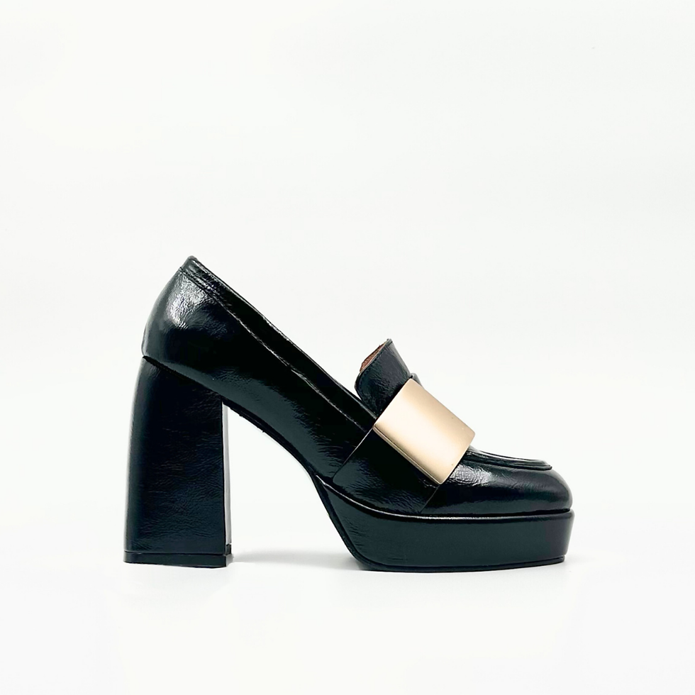 Black patent leather platform heeled loafer for women – side view