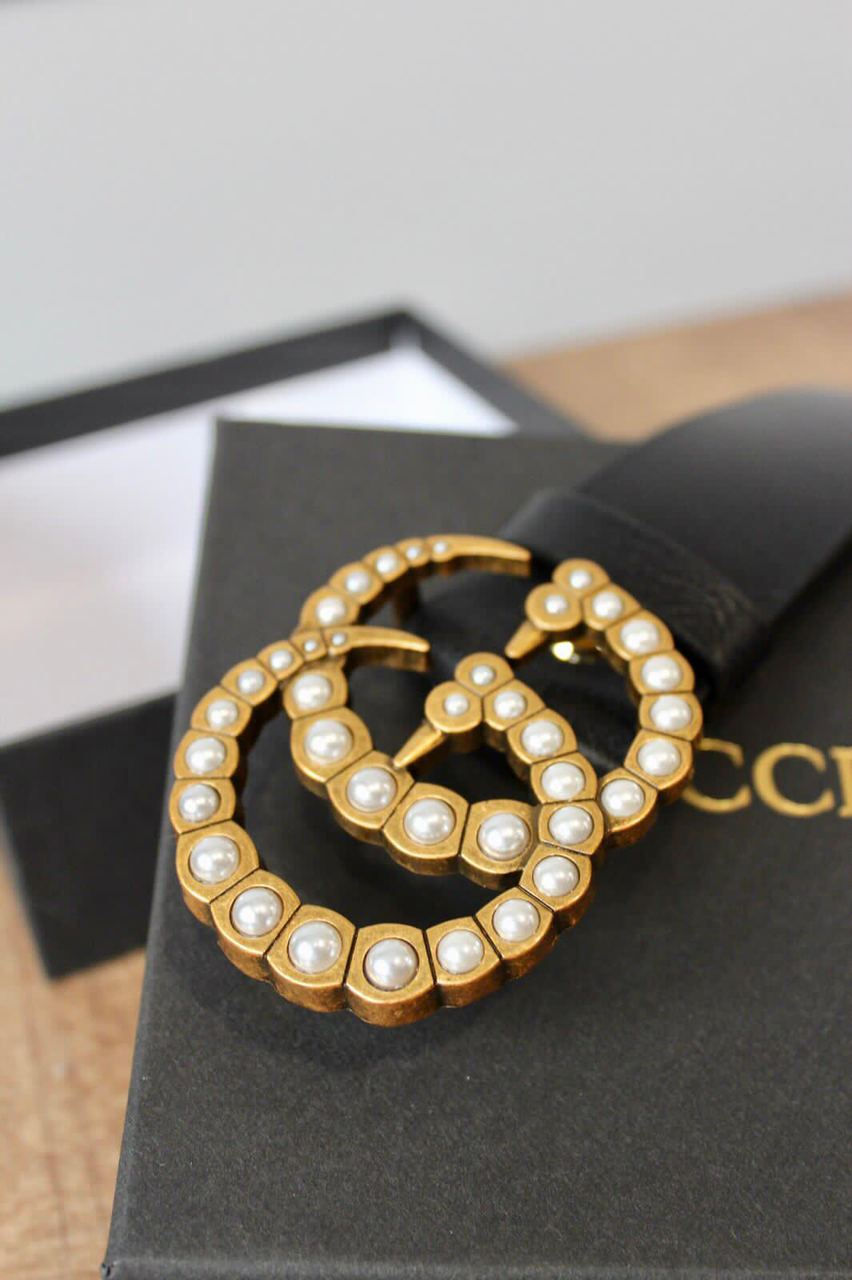 Thumbnail: LEATHER BELT WITH PEARL DOUBLE G