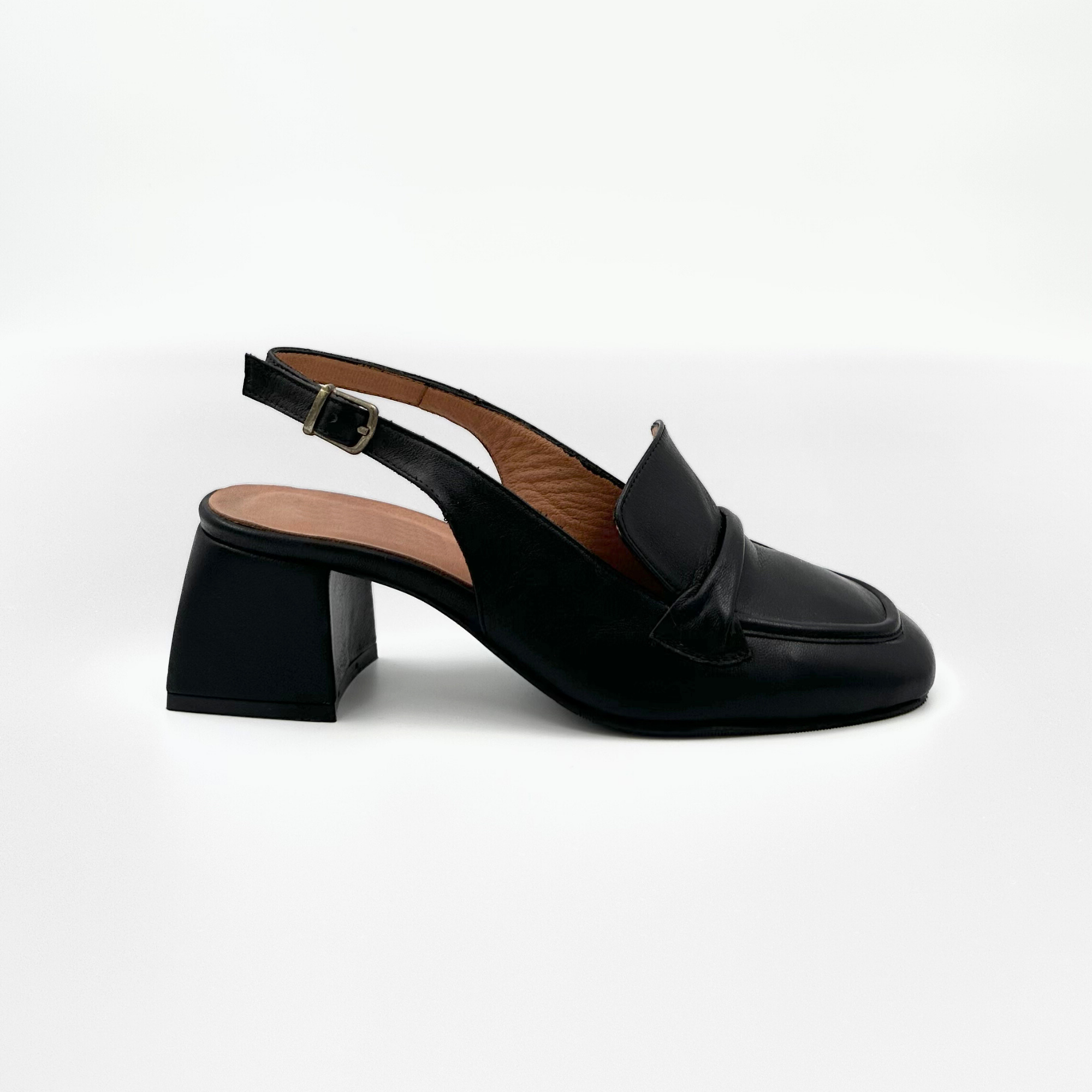 Black leather slingback heeled loafer for women – side view