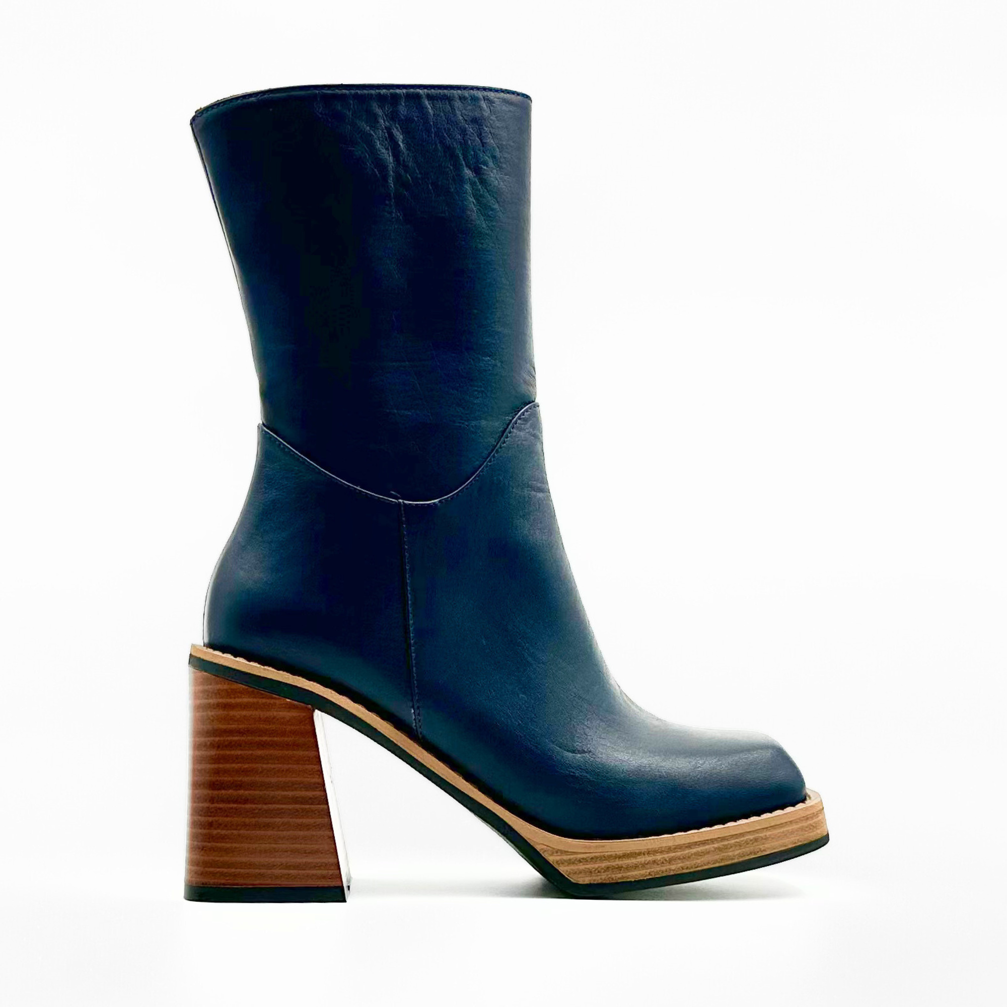 Navy leather platform ankle boot for women – side view